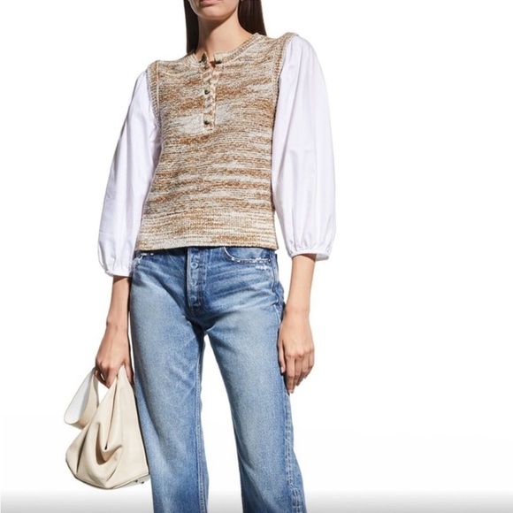 Veronica Beard Sweater Tahlea Mixed Media Puff Sleeve in Metallic Brown - Picture 6 of 12